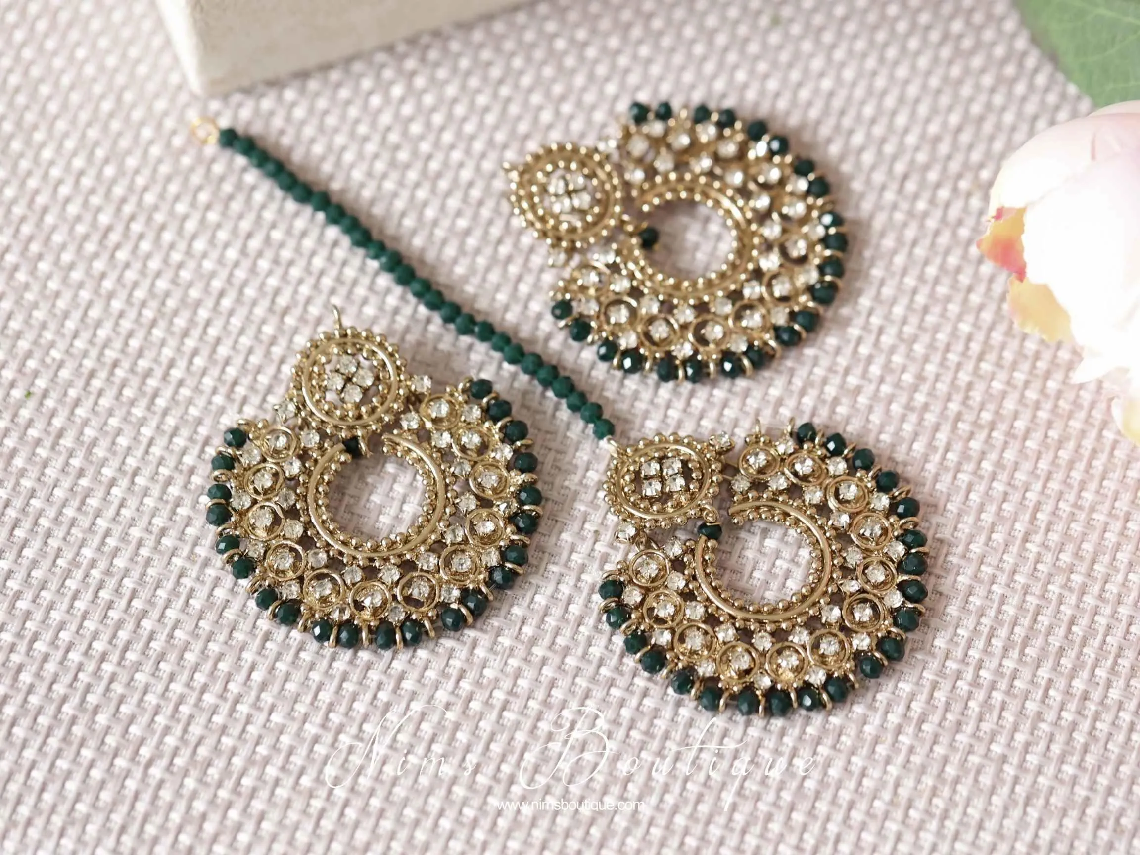 Royal Antique Gold & Dark Teal Green Chand Tikka Set