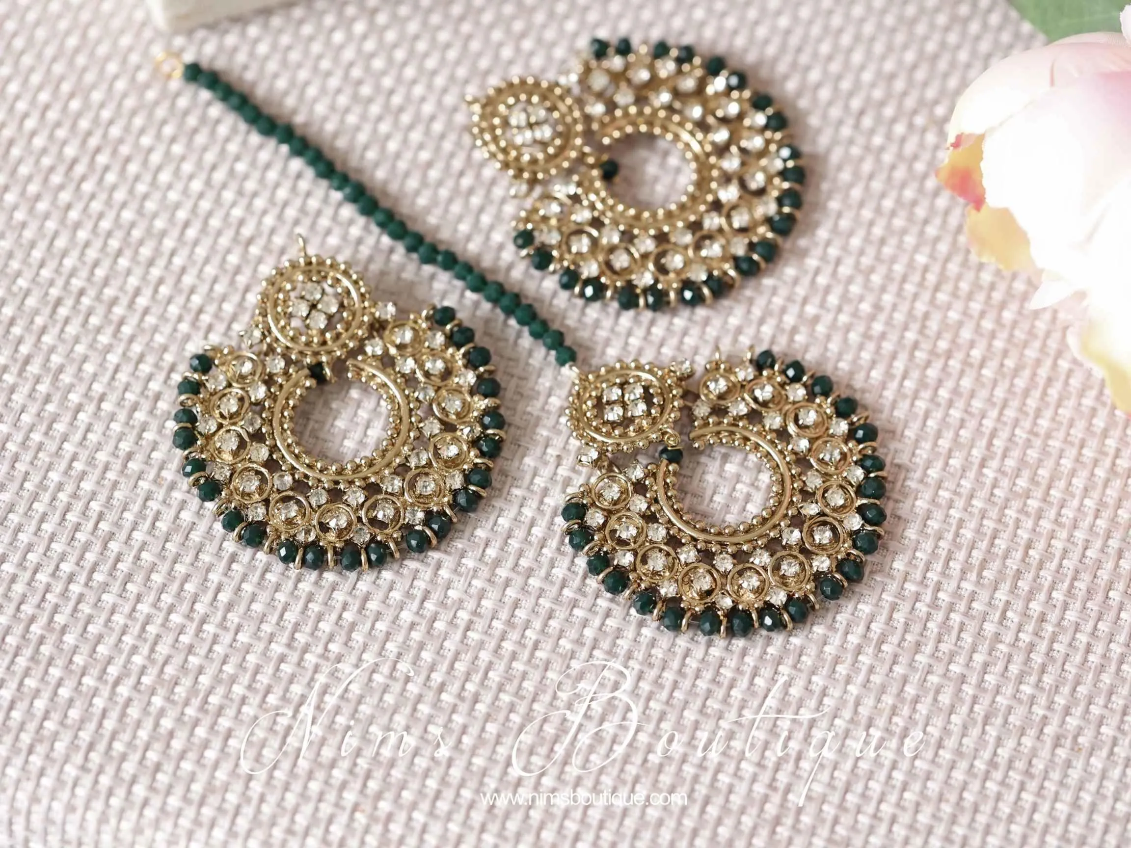 Royal Antique Gold & Dark Teal Green Chand Tikka Set
