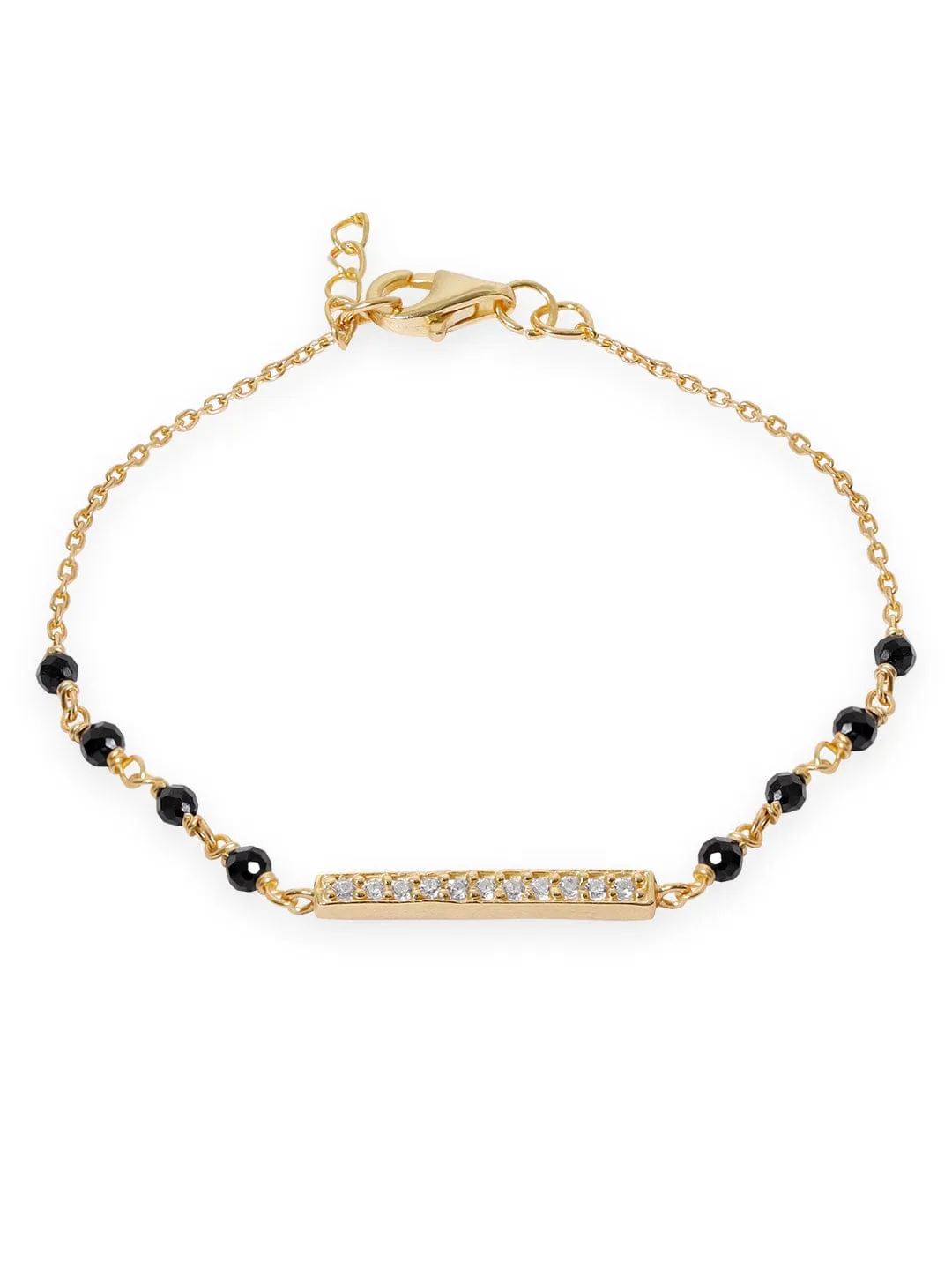 Rubans 925 Silver 22K Gold plated Pave Zirconia Tag & Black beaded Mangalsutra Bracelet