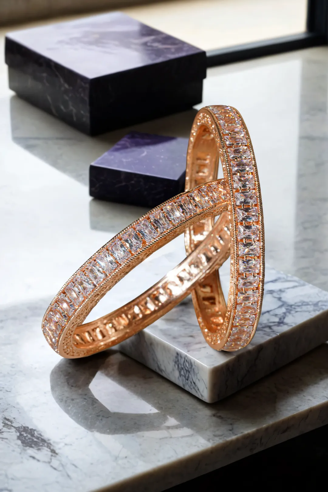 Samira Rhodium or Rose Gold-Plated Bangles with White Stones