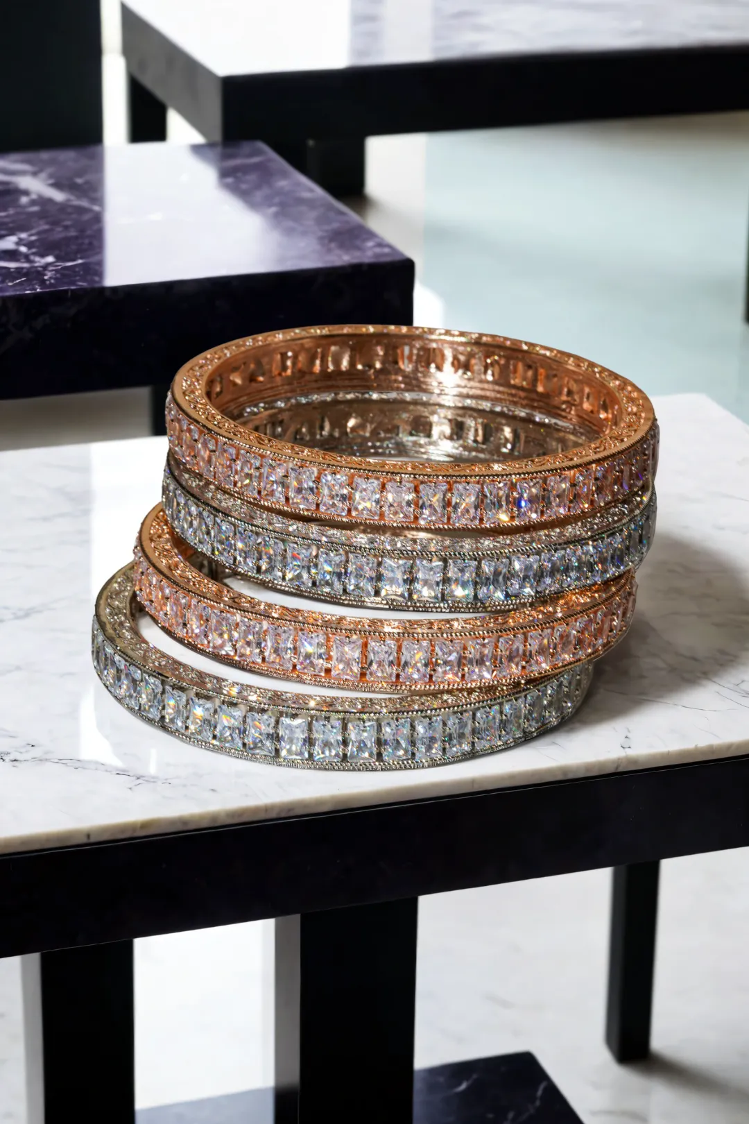 Samira Rhodium or Rose Gold-Plated Bangles with White Stones