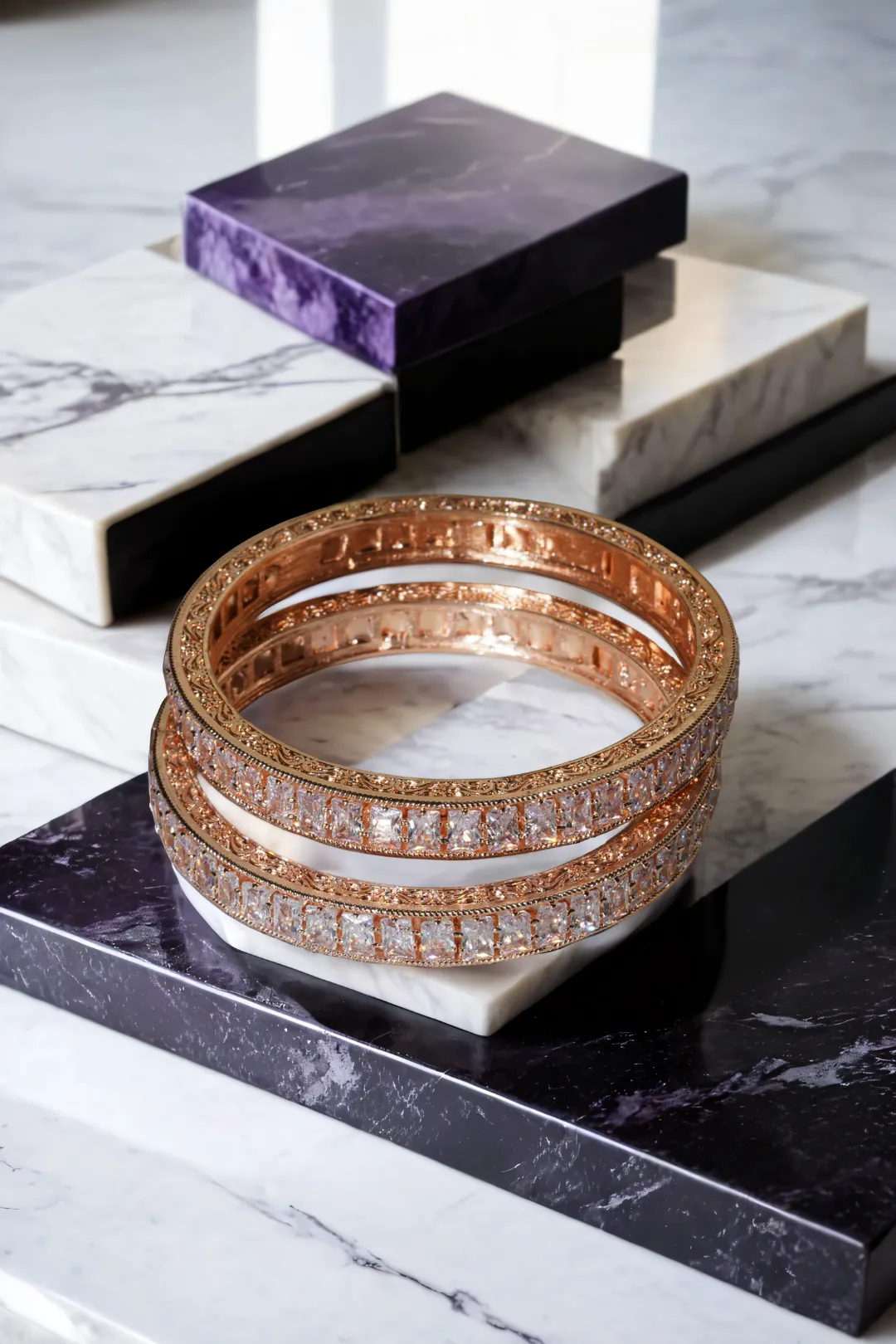 Samira Rhodium or Rose Gold-Plated Bangles with White Stones