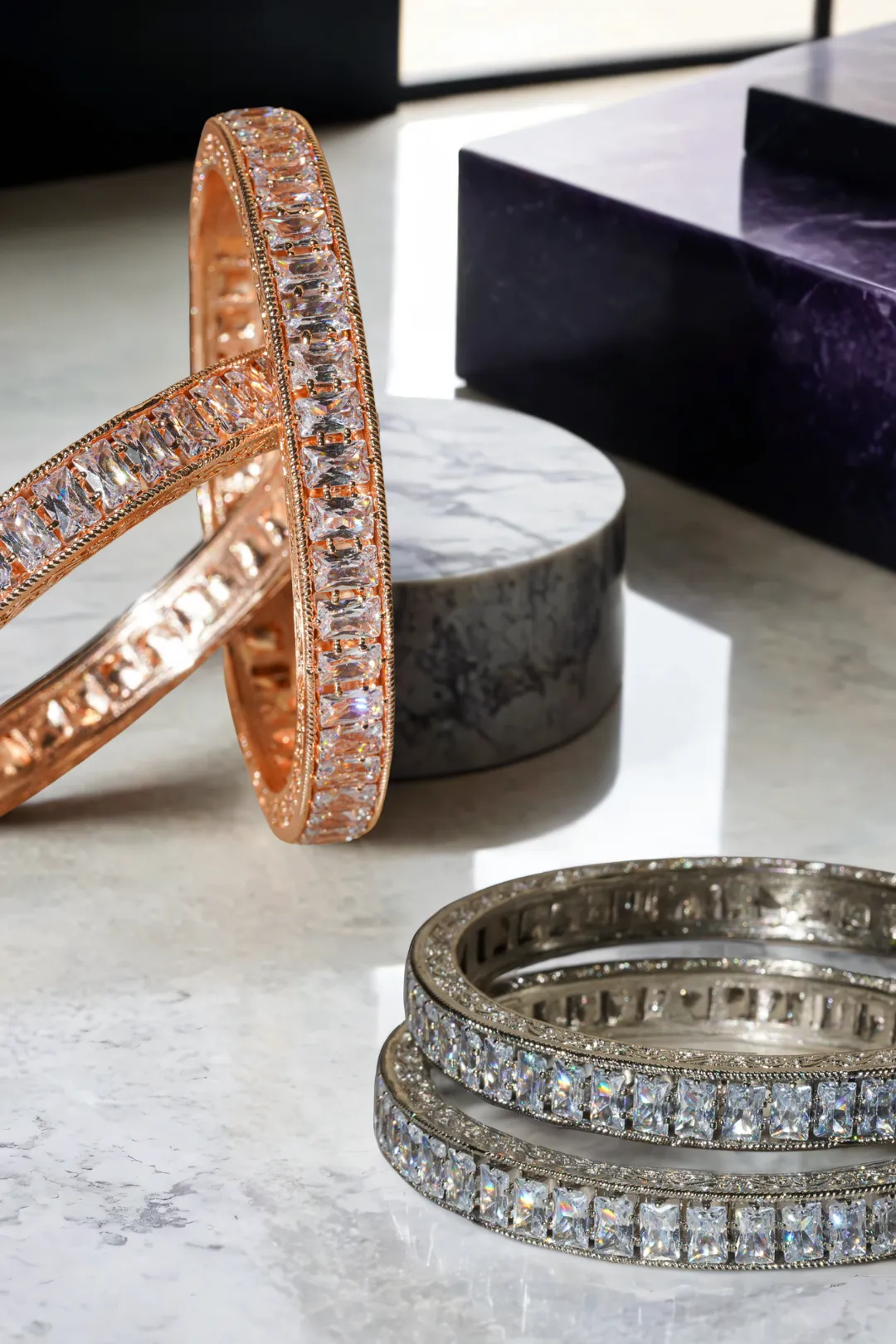 Samira Rhodium or Rose Gold-Plated Bangles with White Stones