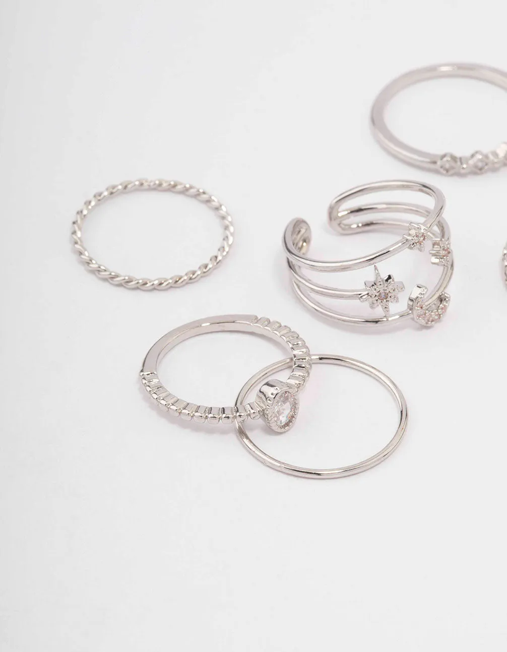 Silver Cubic Zirconia Moon & Stars Rings 5-Pack