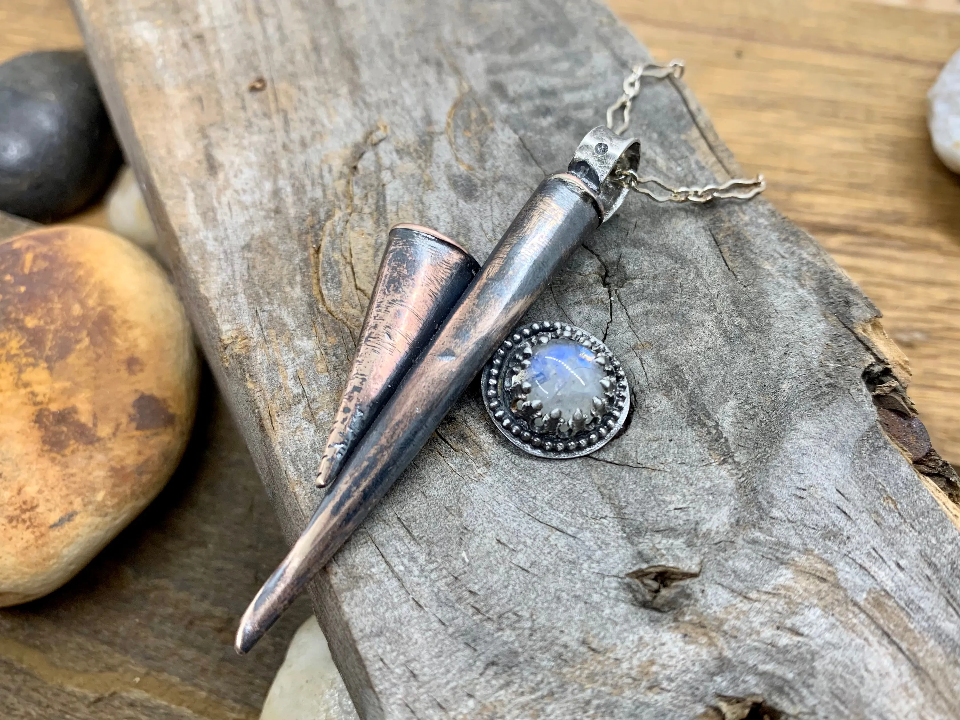 Sterling Silver Copper Double Cone Moonstone Necklace