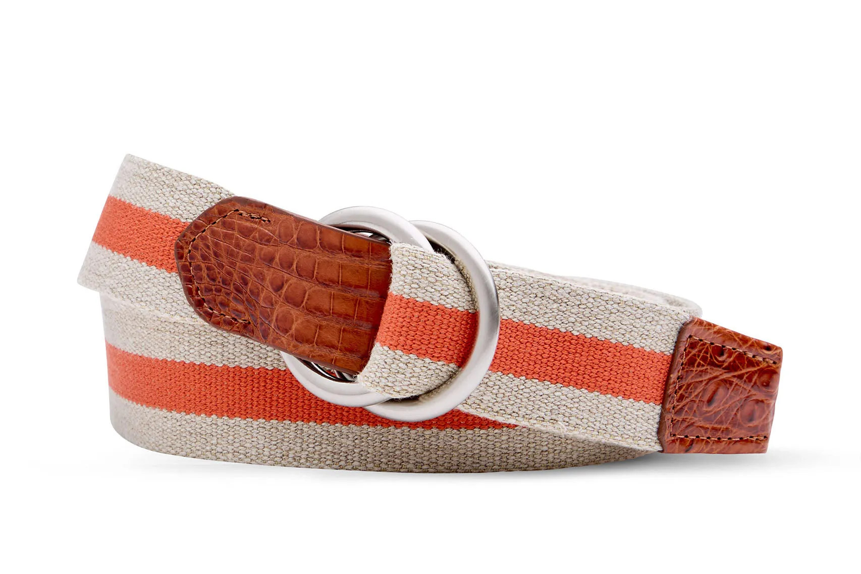 Striped Linen Stretch Belt with Croc Tabs and Brushed Nickel O-Ring Buckles