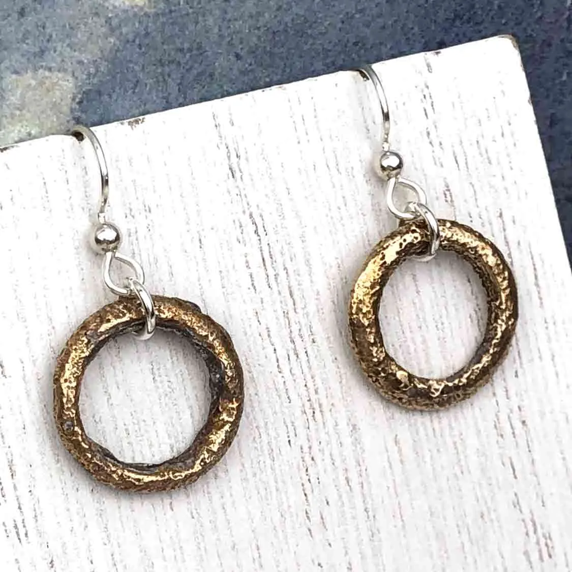 Thick Variegated Golden Bronze Celtic Ring Money Earrings | Artifact #6577