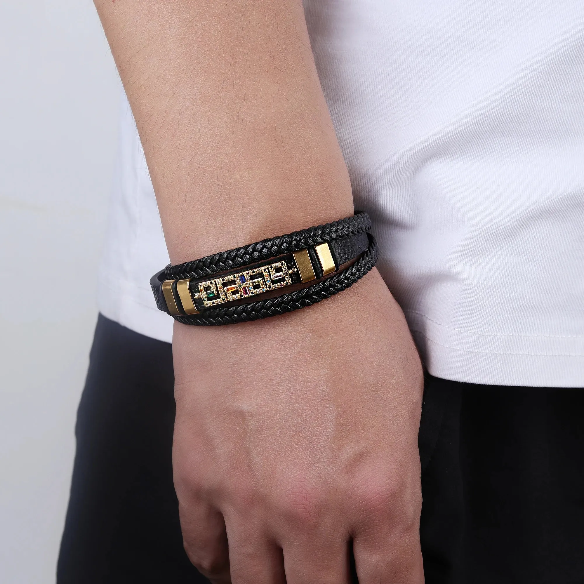 To My Son Black Leather Cubic Zirconia Bracelet Handmade Cuff