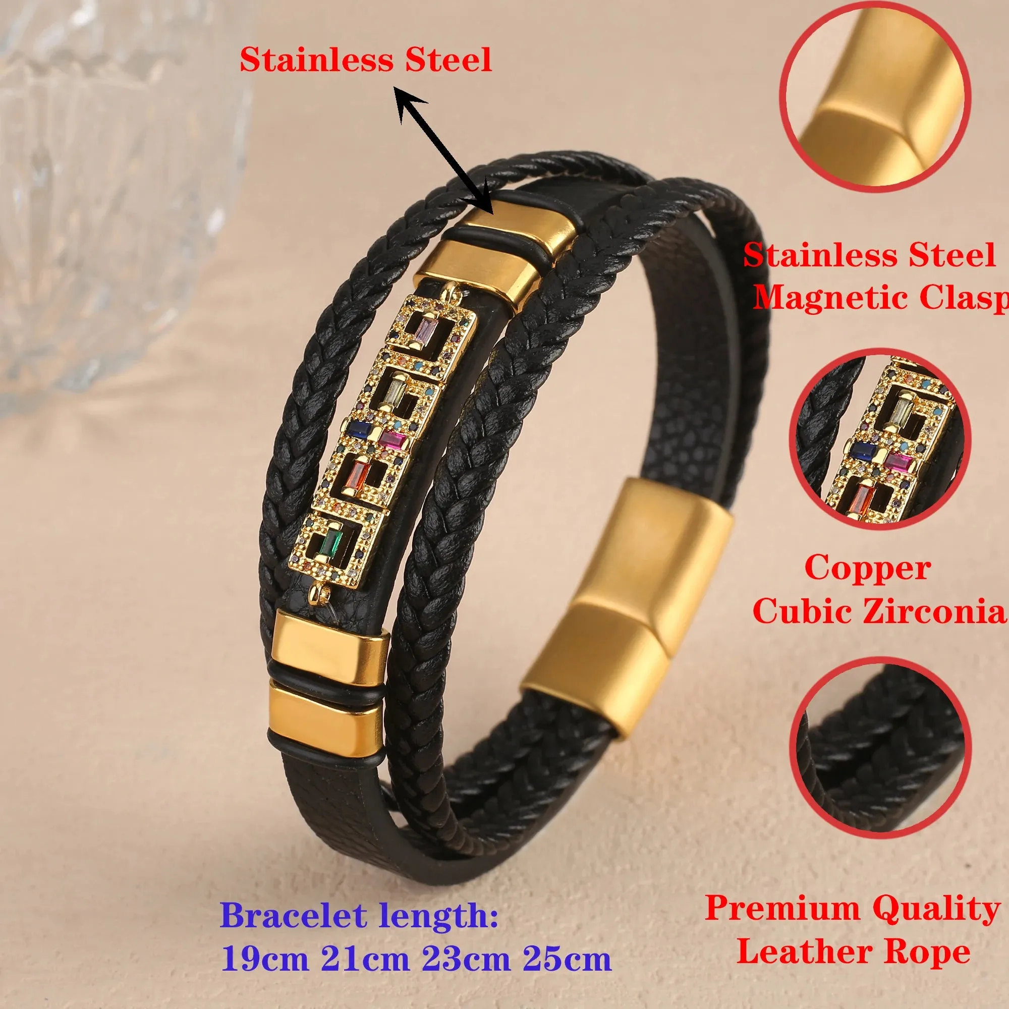 To My Son Black Leather Cubic Zirconia Bracelet Handmade Cuff