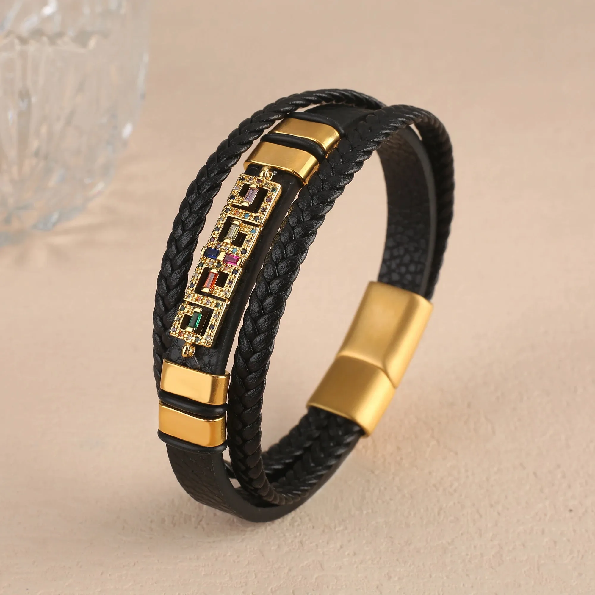 To My Son Black Leather Cubic Zirconia Bracelet Handmade Cuff