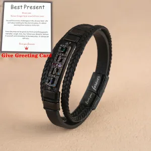 To My Son Black Leather Cubic Zirconia Bracelet Handmade Cuff