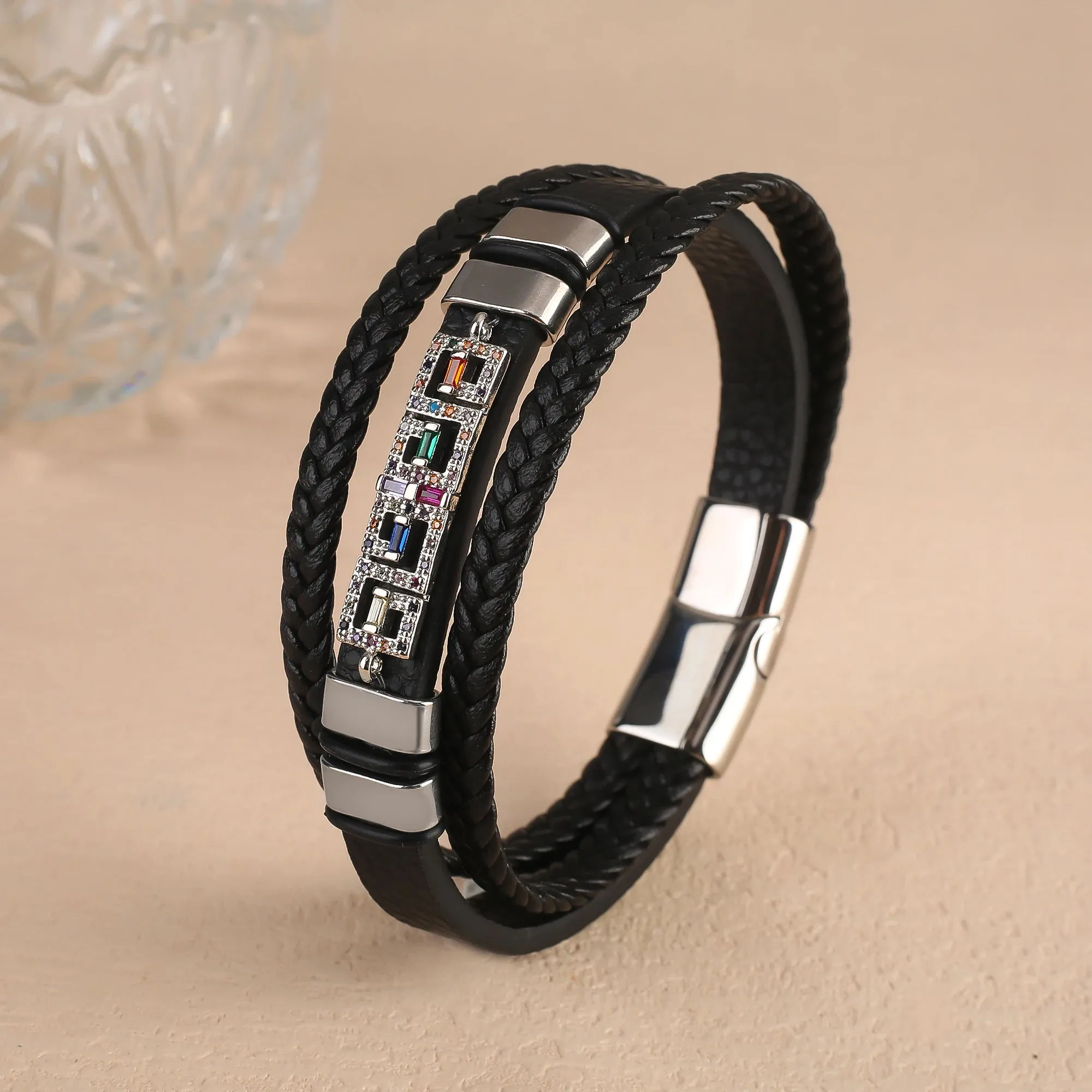 To My Son Black Leather Cubic Zirconia Bracelet Handmade Cuff