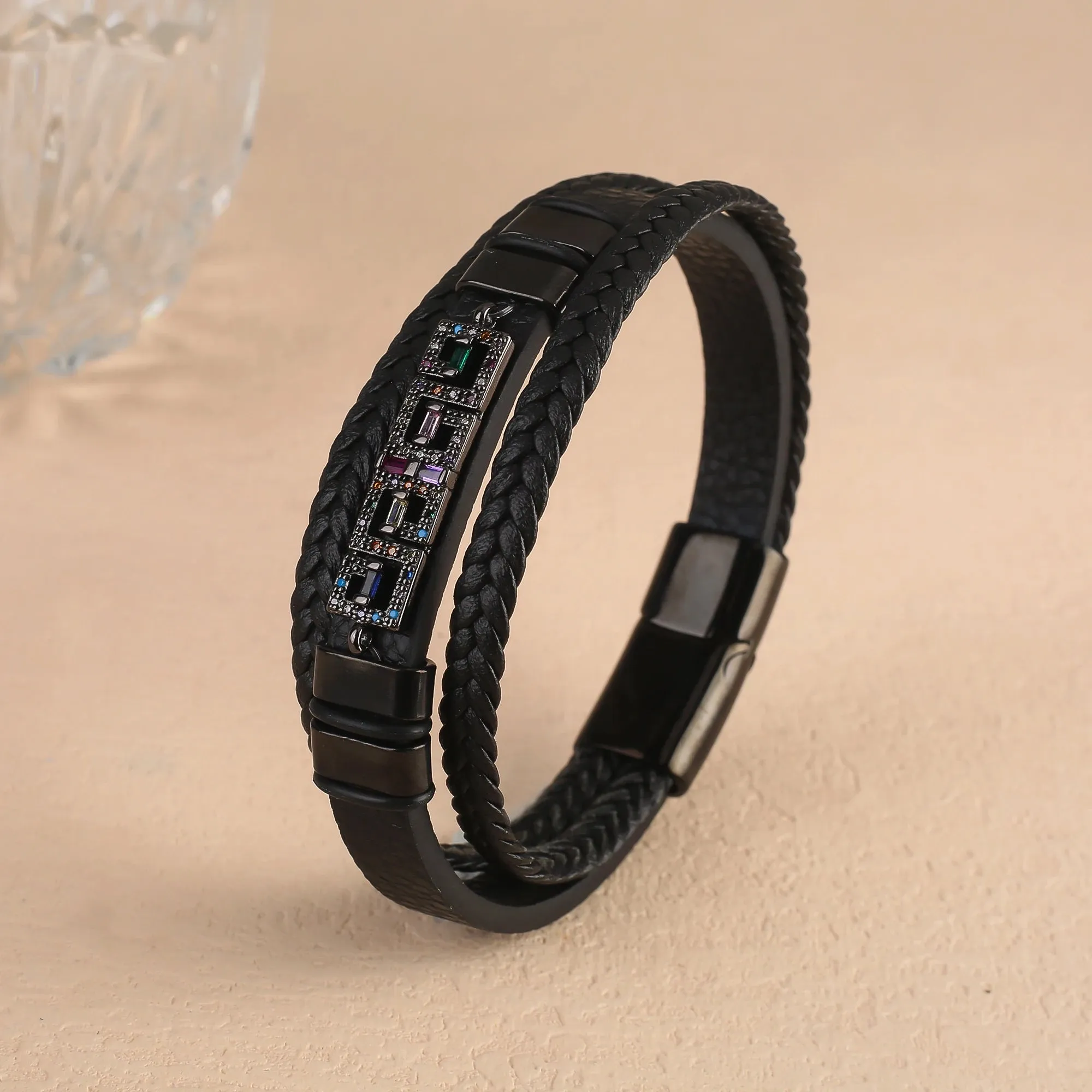 To My Son Black Leather Cubic Zirconia Bracelet Handmade Cuff