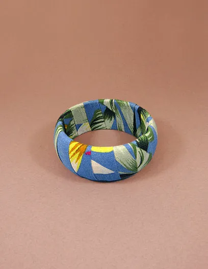 Tropical Fabric Wrap Wood Large Wide Bangle Bracelets
