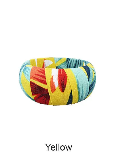 Tropical Fabric Wrap Wood Large Wide Bangle Bracelets