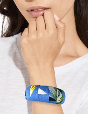 Tropical Fabric Wrap Wood Large Wide Bangle Bracelets