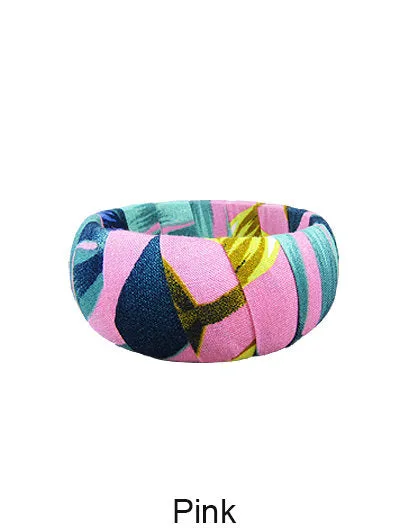 Tropical Fabric Wrap Wood Large Wide Bangle Bracelets