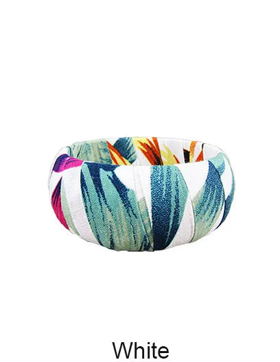 Tropical Fabric Wrap Wood Large Wide Bangle Bracelets