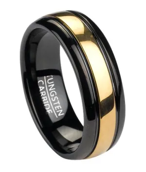 Two Tone Black Tungsten Wedding Band with Gold Tone Inlay | 8mm