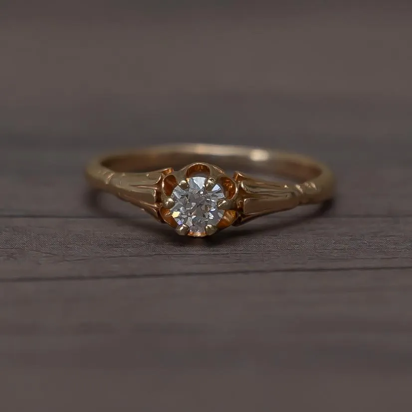 Victorian Buttercup Solitaire Old Euro Cut Diamond Yellow Gold Engagement Ring