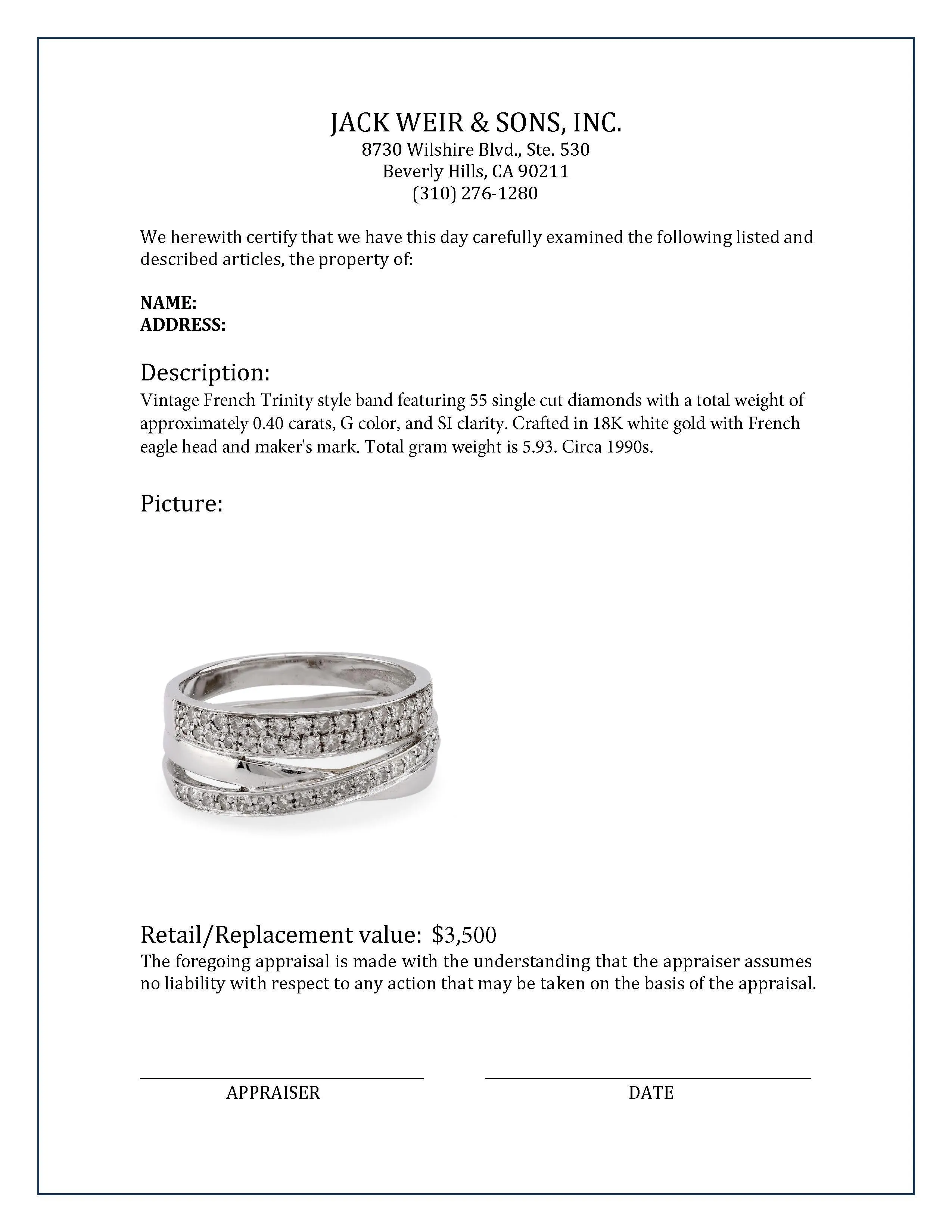 Vintage French Diamond 18K White Gold Trinity Style Band