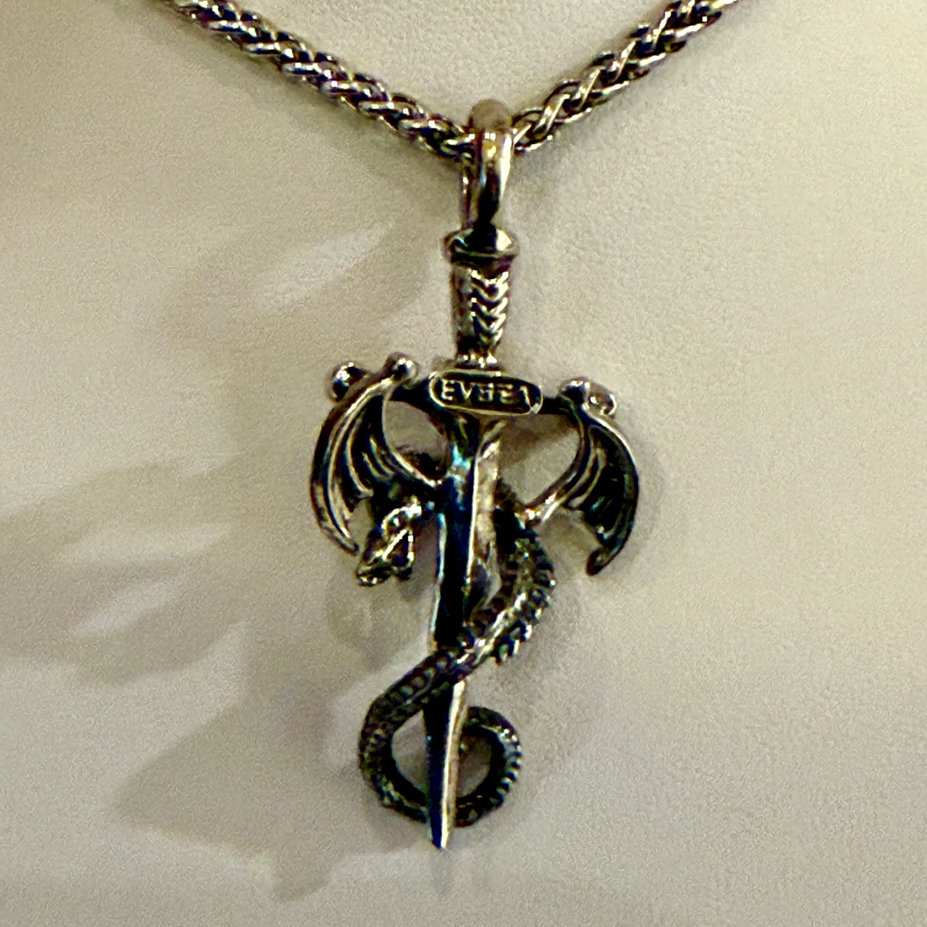 Winged Dragon Ruby Dagger Sword Pendant 24 Silver Necklace Mens Womens Gothic