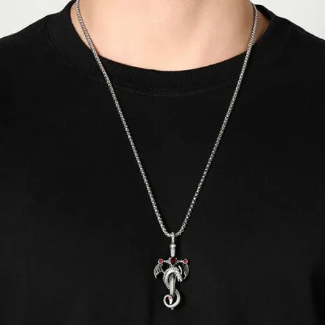 Winged Dragon Ruby Dagger Sword Pendant 24 Silver Necklace Mens Womens Gothic