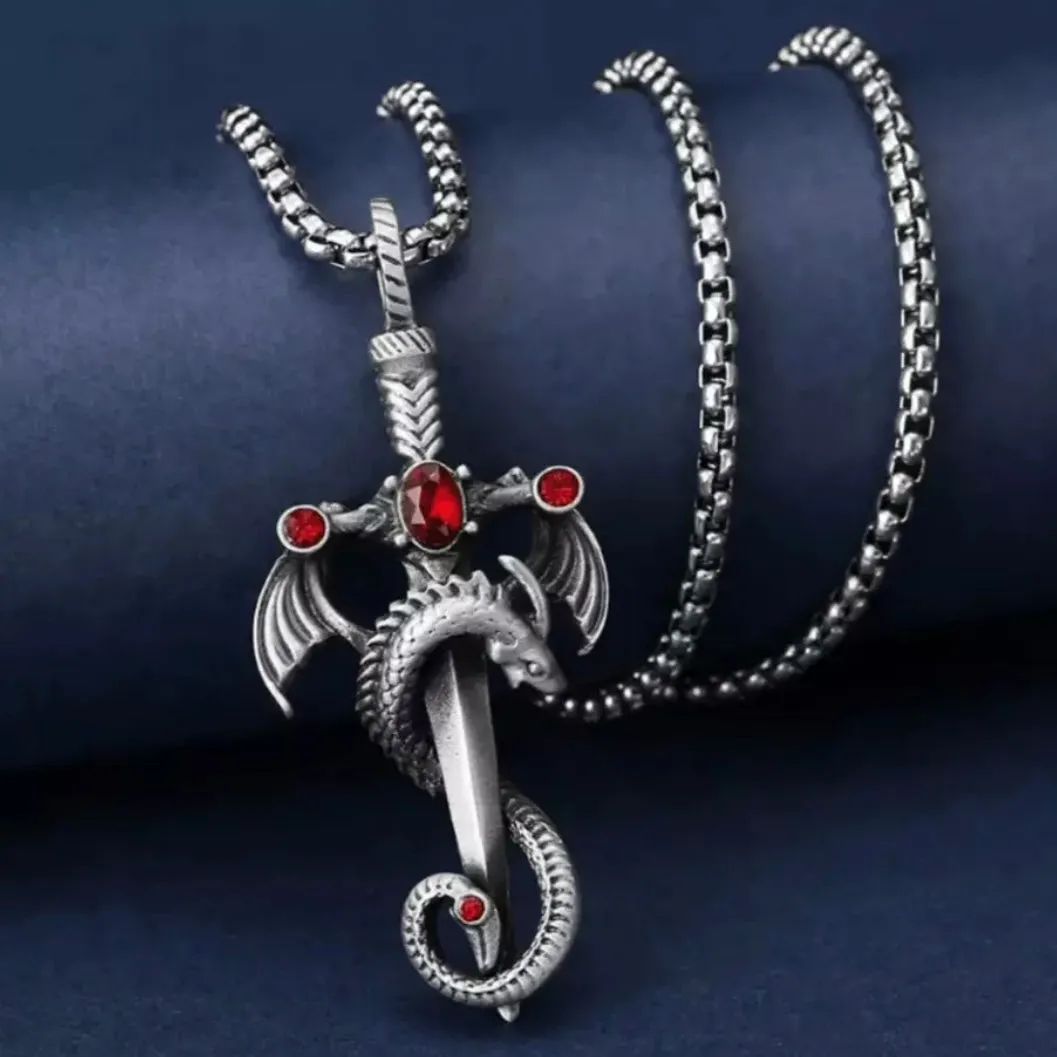 Winged Dragon Ruby Dagger Sword Pendant 24 Silver Necklace Mens Womens Gothic