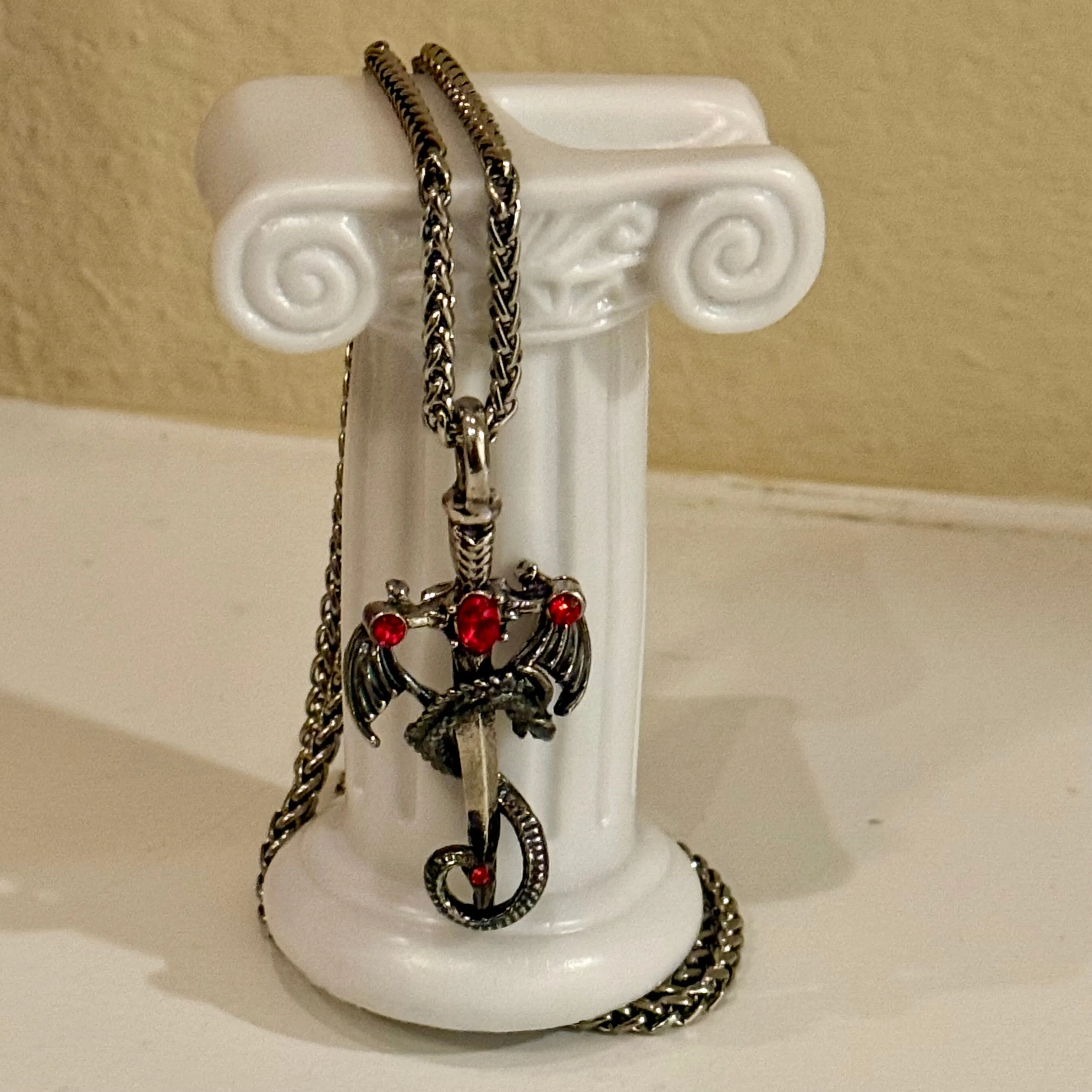 Winged Dragon Ruby Dagger Sword Pendant 24 Silver Necklace Mens Womens Gothic