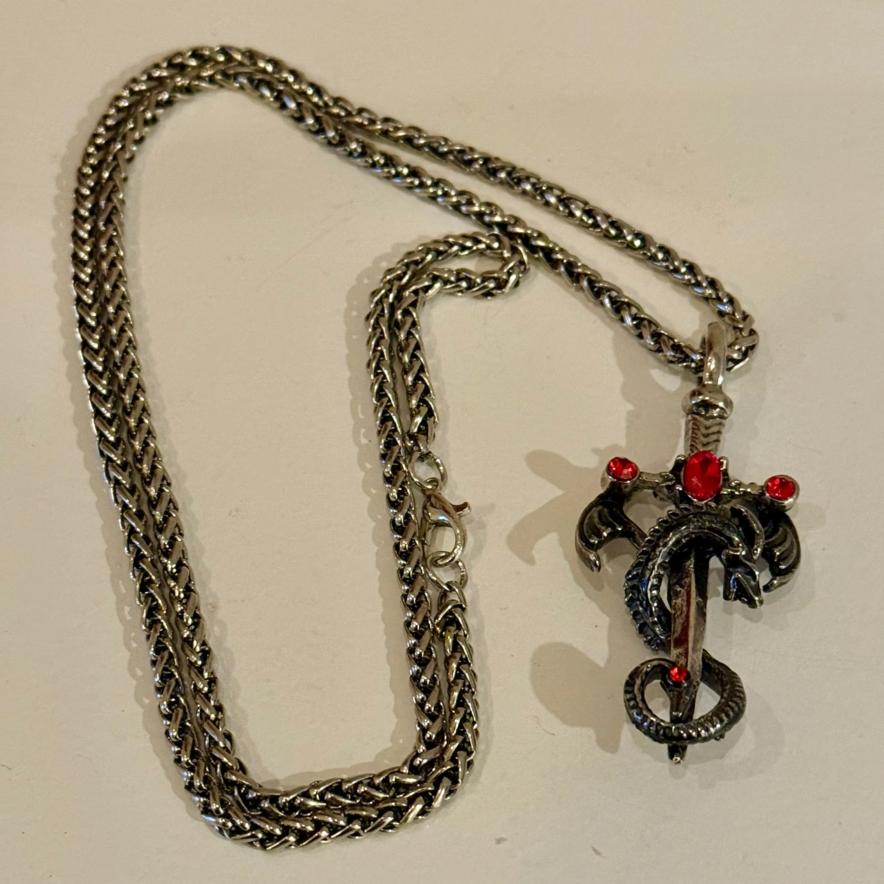 Winged Dragon Ruby Dagger Sword Pendant 24 Silver Necklace Mens Womens Gothic