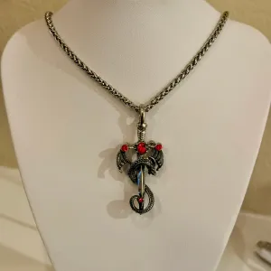 Winged Dragon Ruby Dagger Sword Pendant 24 Silver Necklace Mens Womens Gothic