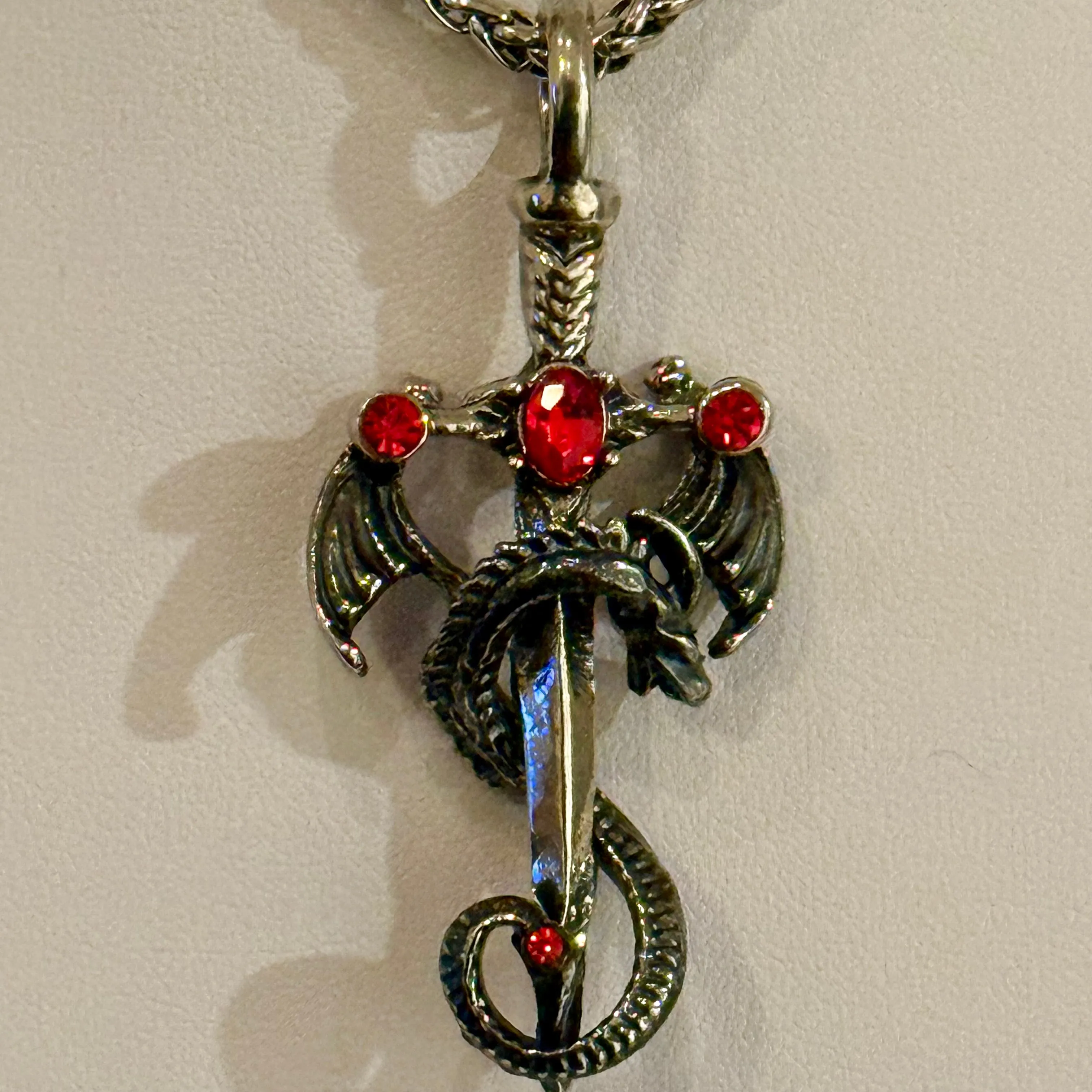Winged Dragon Ruby Dagger Sword Pendant 24 Silver Necklace Mens Womens Gothic