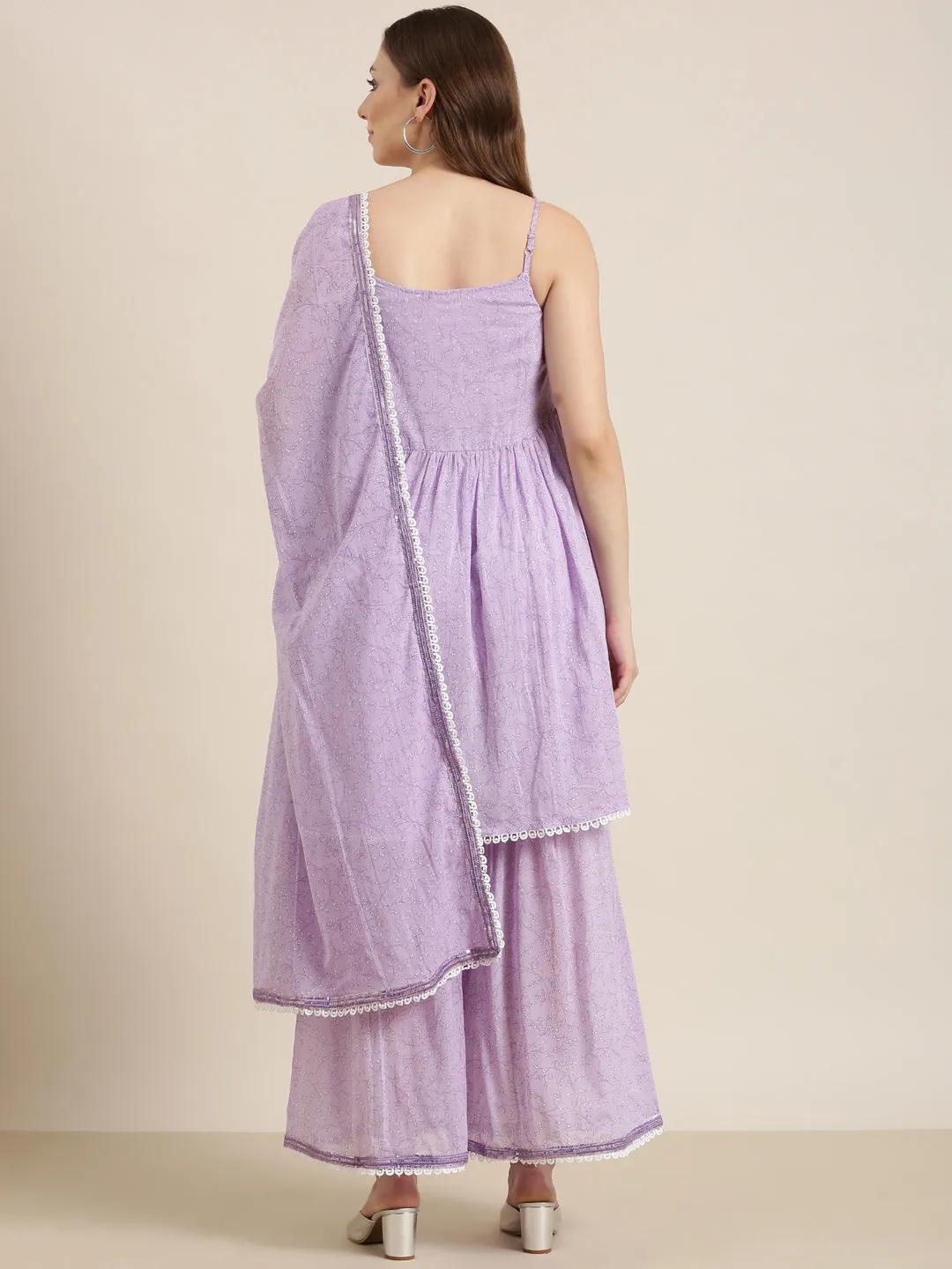 Women Anarkali Lavender Floral Kurta and Sharara Set Comes With Dupatta and Potli Bag