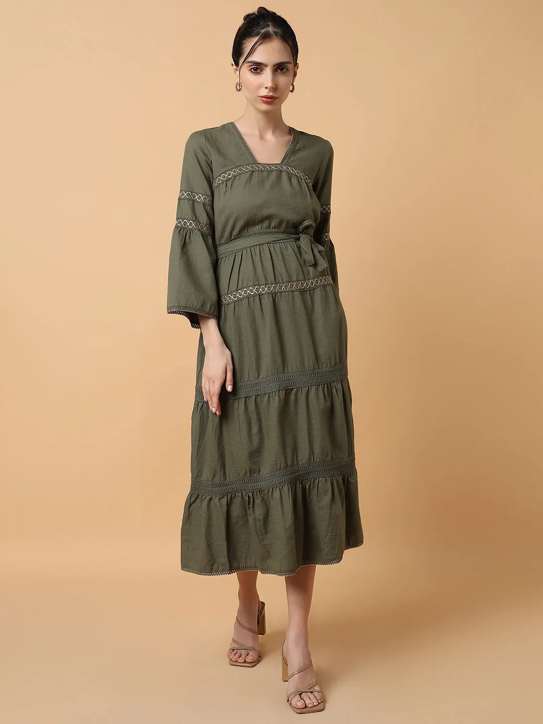 Women Square Neck Solid Olive Anarkali Kurta