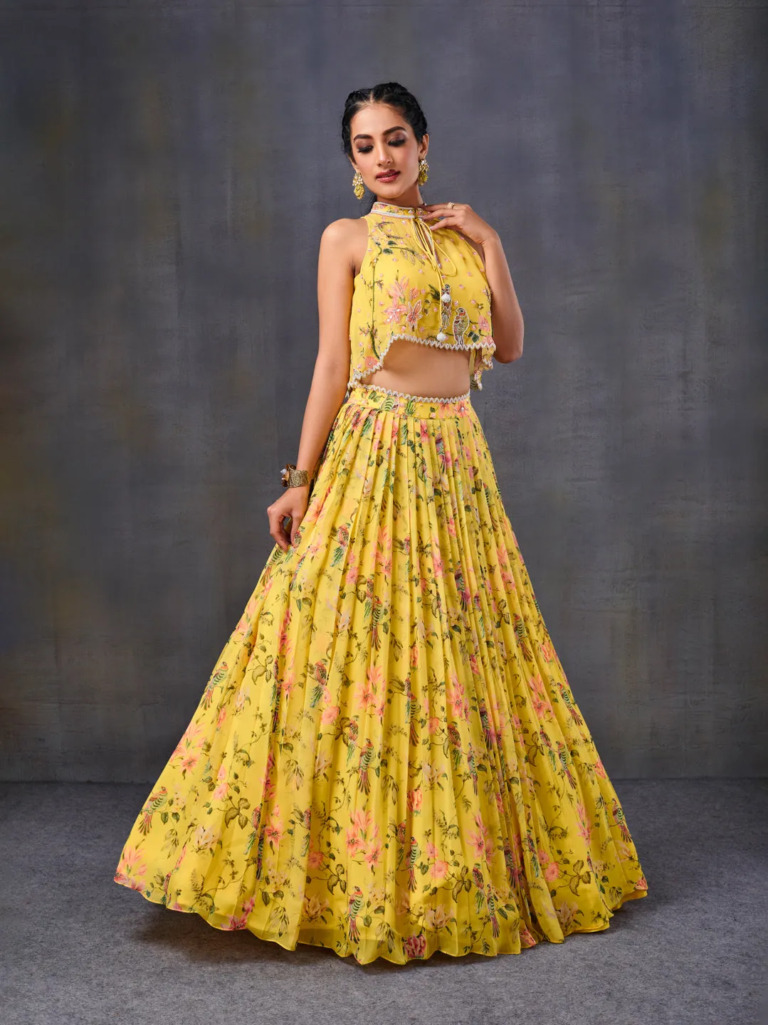 Yellow Pleated Lehenga With Halter-Neck Top