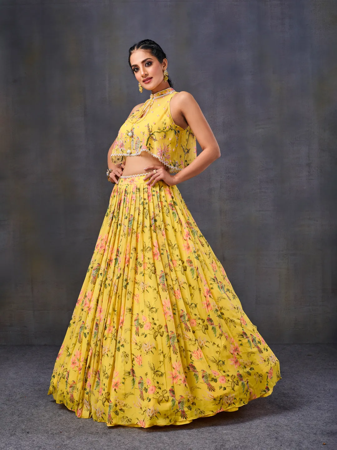 Yellow Pleated Lehenga With Halter-Neck Top