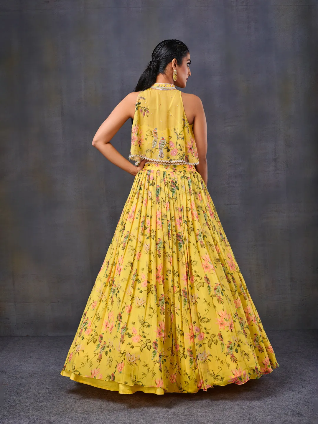 Yellow Pleated Lehenga With Halter-Neck Top