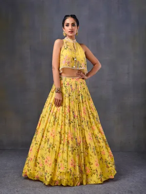Yellow Pleated Lehenga With Halter-Neck Top