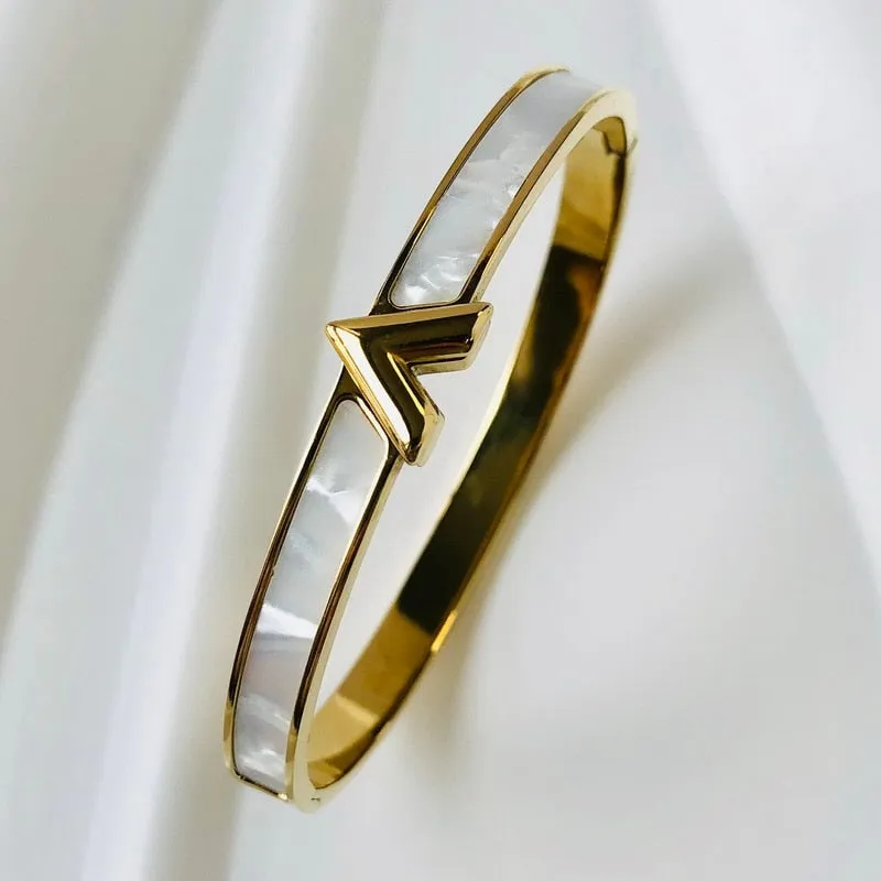 Zircon Mother of Pearl inlaid Bangle Bracelets Gold Silver Plated Stainless Steel Luxury Brand Jewelry