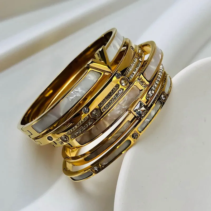 Zircon Mother of Pearl inlaid Bangle Bracelets Gold Silver Plated Stainless Steel Luxury Brand Jewelry