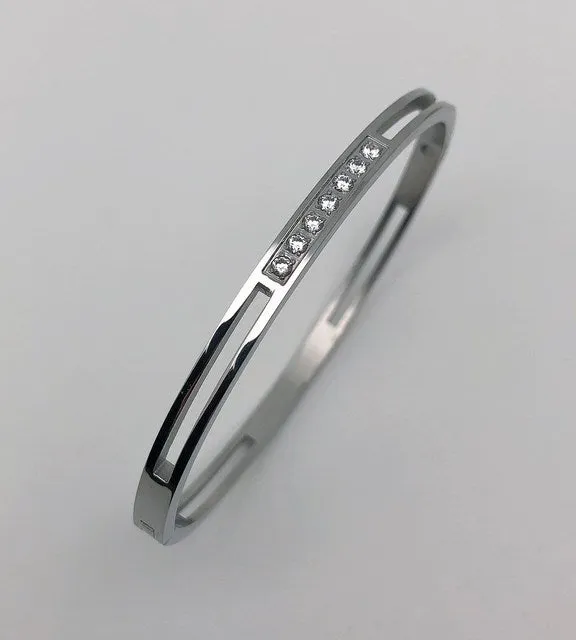Zircon Mother of Pearl inlaid Bangle Bracelets Gold Silver Plated Stainless Steel Luxury Brand Jewelry