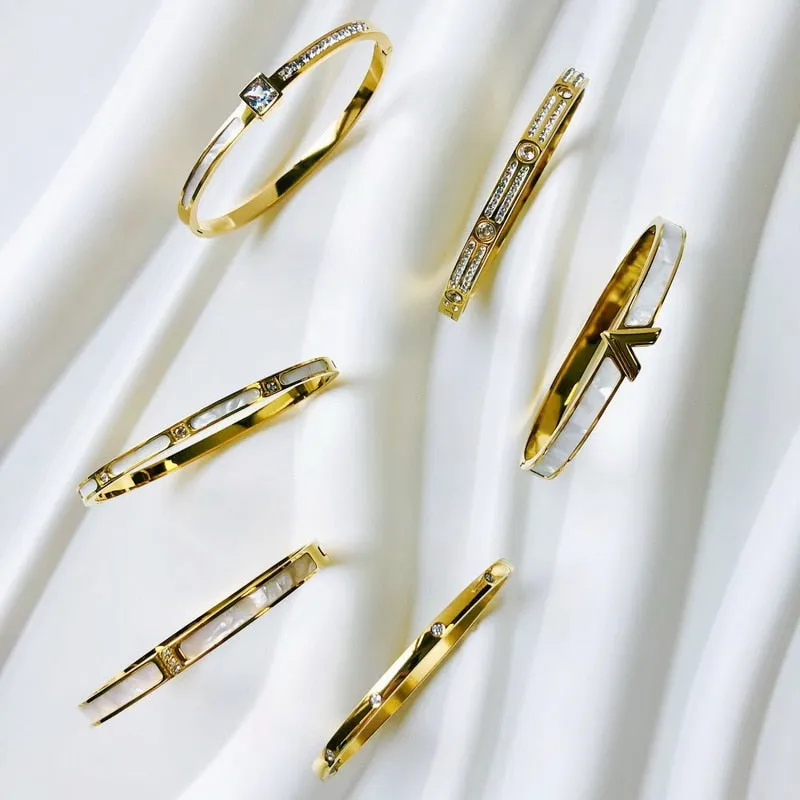 Zircon Mother of Pearl inlaid Bangle Bracelets Gold Silver Plated Stainless Steel Luxury Brand Jewelry