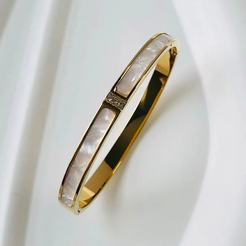 Zircon Mother of Pearl inlaid Bangle Bracelets Gold Silver Plated Stainless Steel Luxury Brand Jewelry