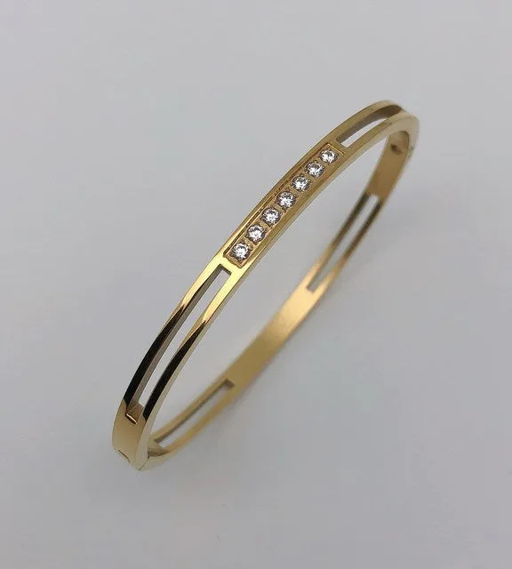 Zircon Mother of Pearl inlaid Bangle Bracelets Gold Silver Plated Stainless Steel Luxury Brand Jewelry