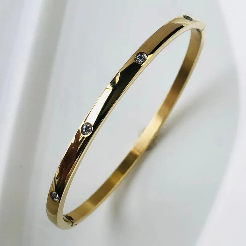 Zircon Mother of Pearl inlaid Bangle Bracelets Gold Silver Plated Stainless Steel Luxury Brand Jewelry