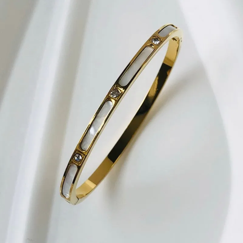 Zircon Mother of Pearl inlaid Bangle Bracelets Gold Silver Plated Stainless Steel Luxury Brand Jewelry