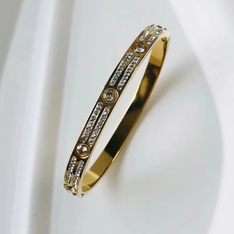 Zircon Mother of Pearl inlaid Bangle Bracelets Gold Silver Plated Stainless Steel Luxury Brand Jewelry