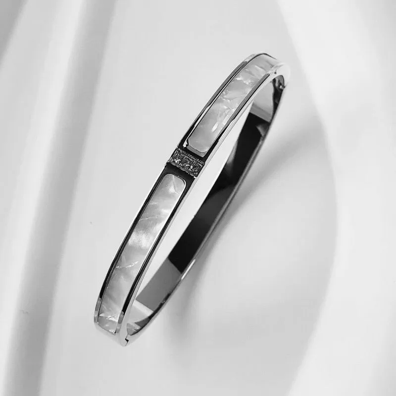 Zircon Mother of Pearl inlaid Bangle Bracelets Gold Silver Plated Stainless Steel Luxury Brand Jewelry