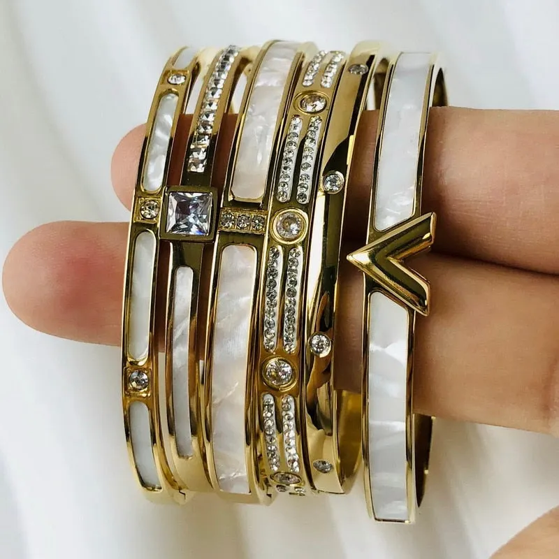 Zircon Mother of Pearl inlaid Bangle Bracelets Gold Silver Plated Stainless Steel Luxury Brand Jewelry